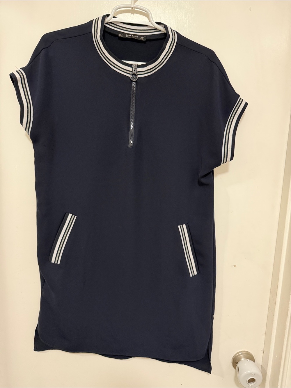 Zara Navy Blue Short-Sleeve Polo Dress with White Stripe Trim - S